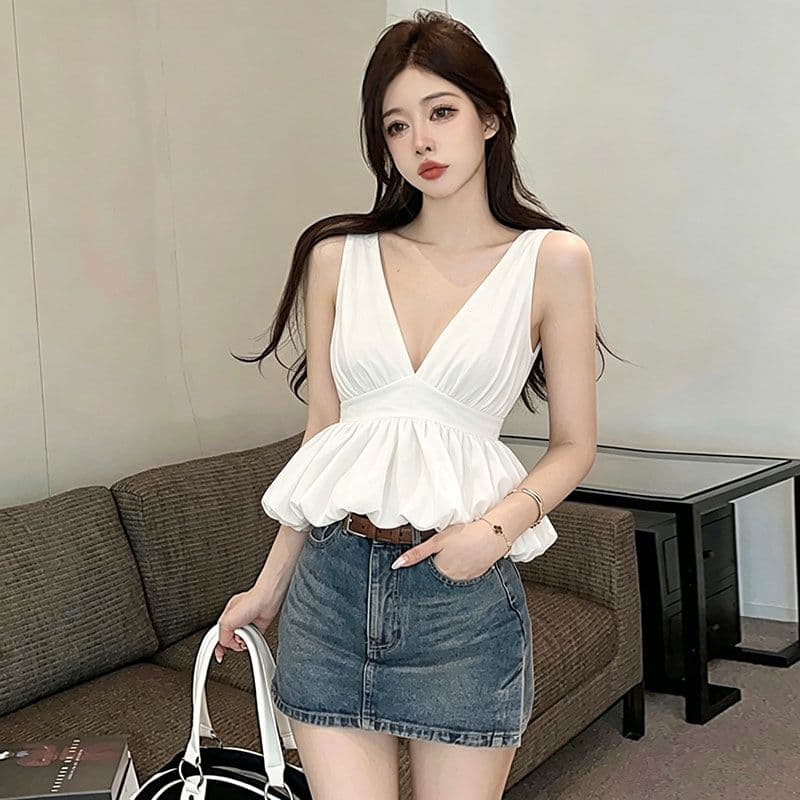 꽃밭 캐미솔 여름 핫걸 V넥 행침 목 퍼프 맨위 고유 한 품격 조끼 상세 이미지 2