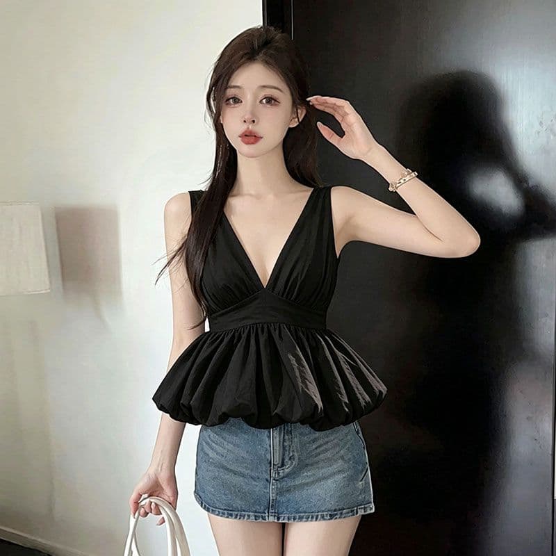 꽃밭 캐미솔 여름 핫걸 V넥 행침 목 퍼프 맨위 고유 한 품격 조끼 상세 이미지 6