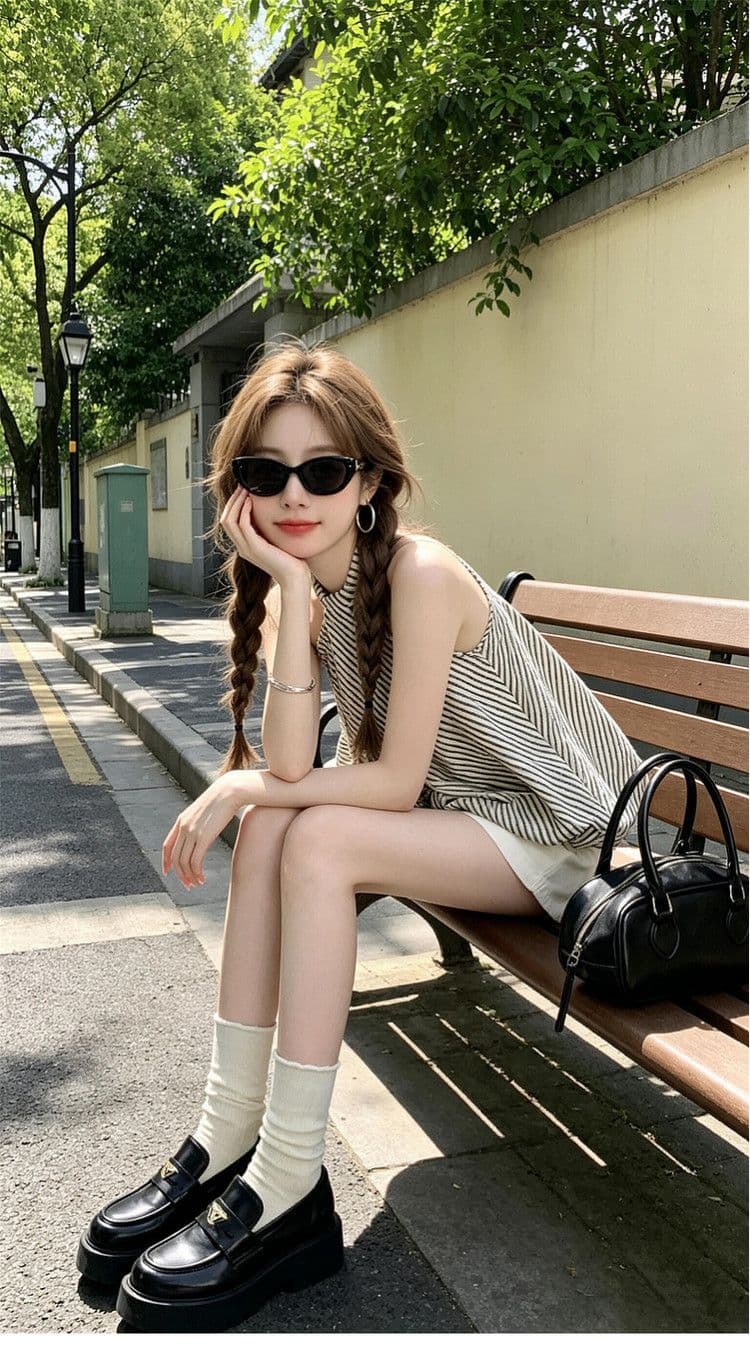 아름다운 민소매 행침 목 스트라이프 캐미솔 여성 의류 작은 셔츠 여름 외출용 새로운 핫걸 착용 잡아라. 의류 상세 이미지 5