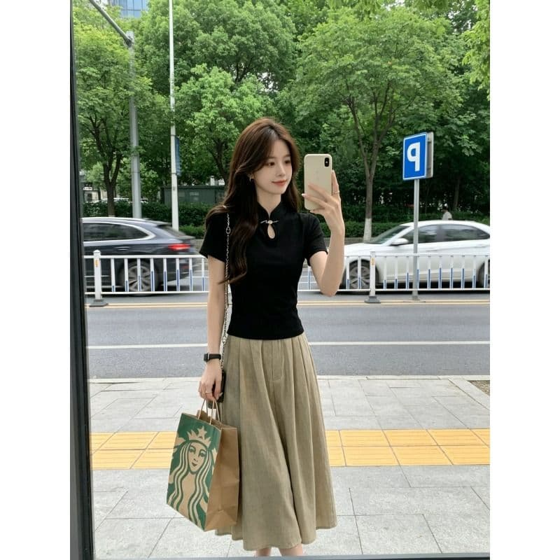 210 그램 1x1 순면 리브 새로운 중식 단추 치파오 셔츠 국풍 티셔츠 맨위 이미지 4