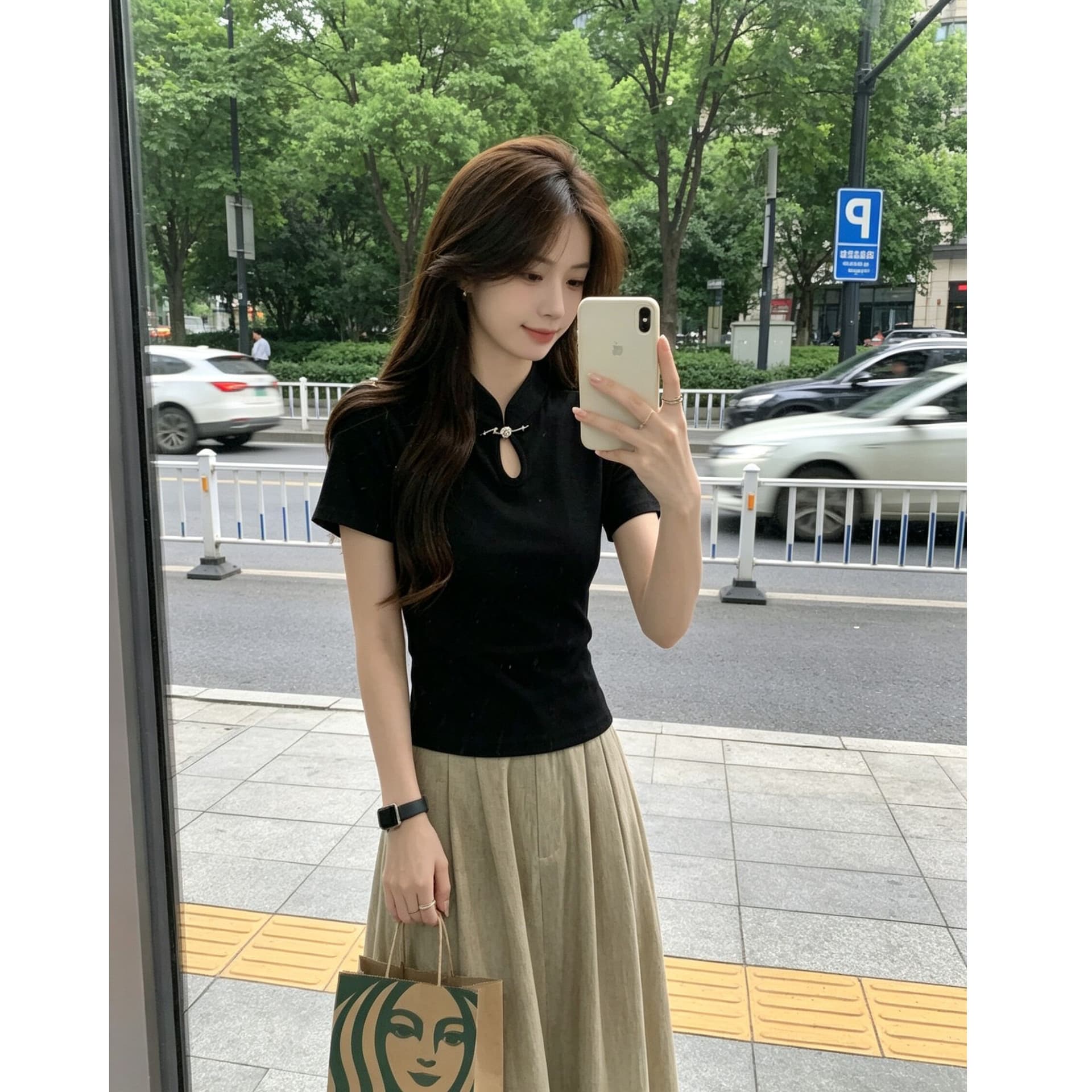 210 그램 1x1 순면 리브 새로운 중식 단추 치파오 셔츠 국풍 티셔츠 맨위