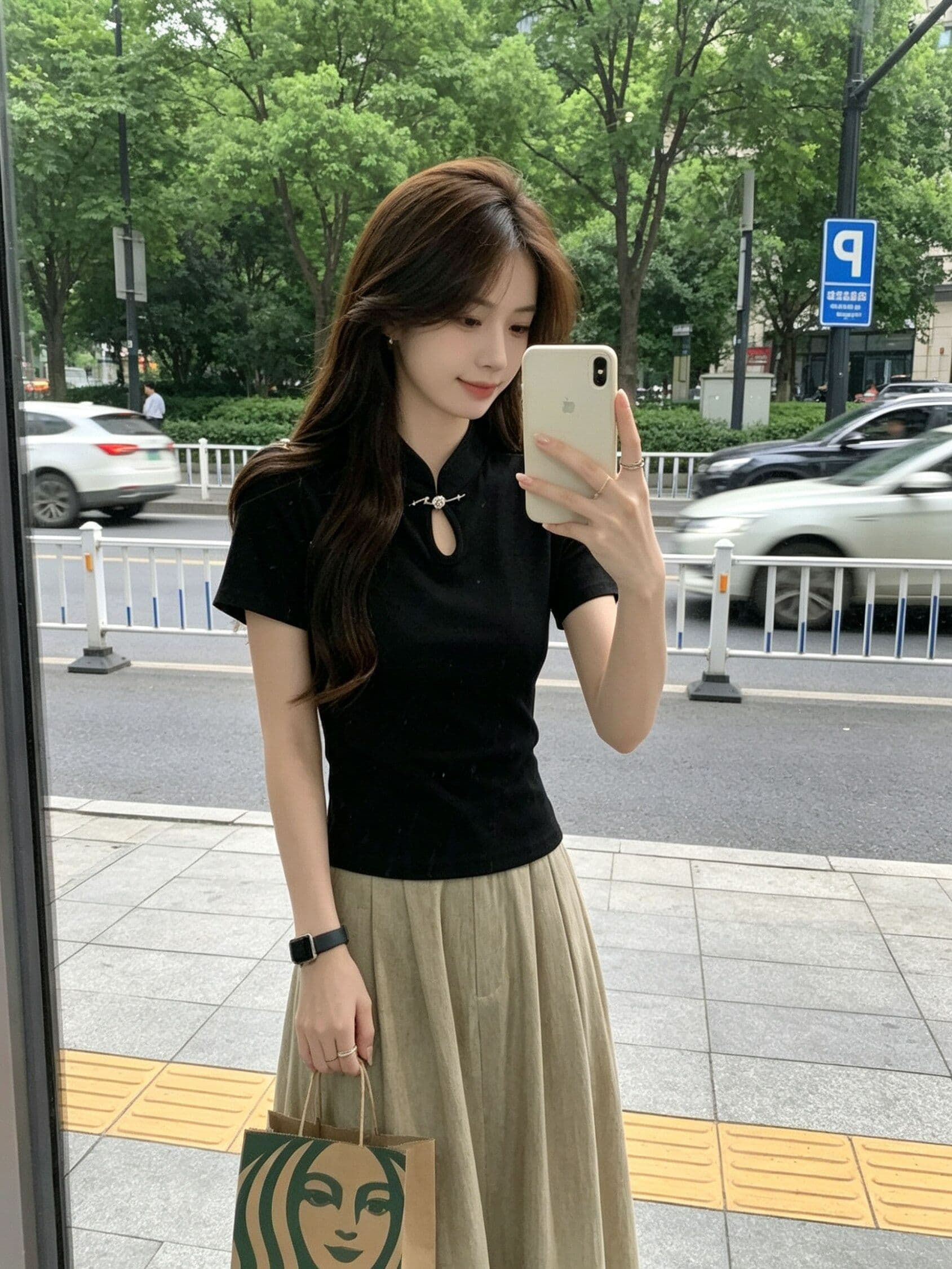 210 그램 1x1 순면 리브 새로운 중식 단추 치파오 셔츠 국풍 티셔츠 맨위 상세 이미지 2