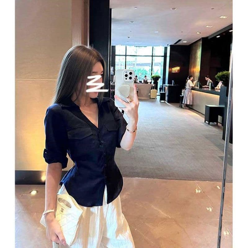 원본 품질 아메리칸 핫걸 바람 중간 소매 여성 셔츠 가을 새로운 스트랩 허리 수축 디자인 센스 맨위 이미지 4