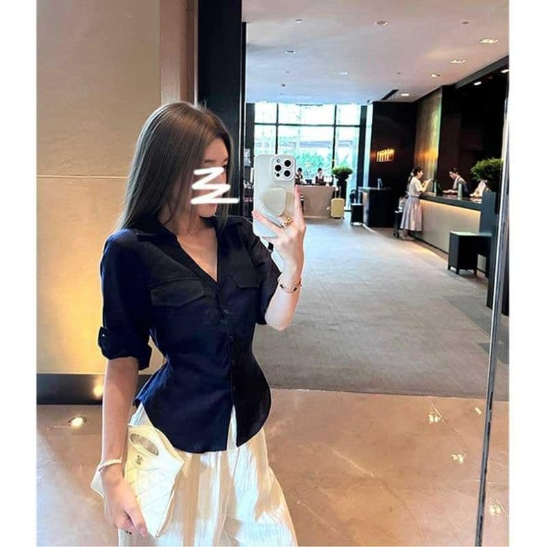 원본 품질 아메리칸 핫걸 바람 중간 소매 여성 셔츠 가을 새로운 스트랩 허리 수축 디자인 센스 맨위 상세 이미지 8