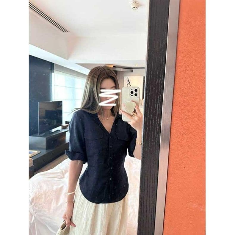 원본 품질 아메리칸 핫걸 바람 중간 소매 여성 셔츠 가을 새로운 스트랩 허리 수축 디자인 센스 맨위 상세 이미지 10