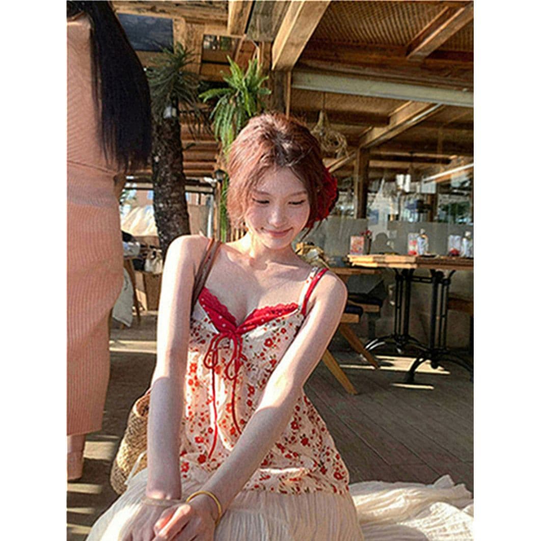 원본 품질 한국 스타일 V넥 페이크 레이어드 한 부서 느긋한 캐미솔 달콤한 스타일 꽃무늬 작은 맨위 이미지 3