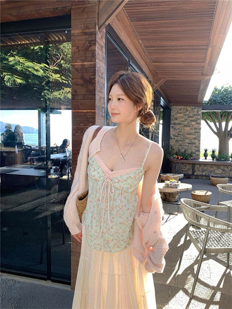 원본 품질 한국 스타일 V넥 페이크 레이어드 한 부서 느긋한 캐미솔 달콤한 스타일 꽃무늬 작은 맨위 상세 이미지 2