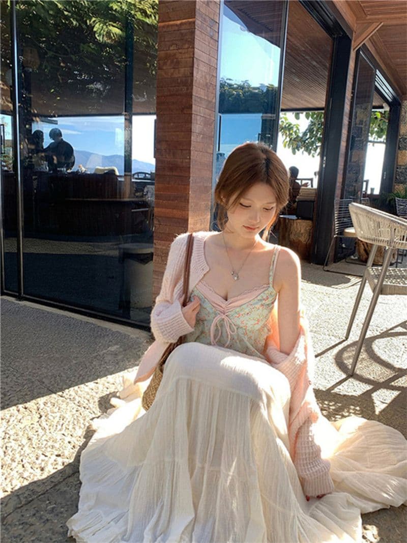 원본 품질 한국 스타일 V넥 페이크 레이어드 한 부서 느긋한 캐미솔 달콤한 스타일 꽃무늬 작은 맨위 상세 이미지 3