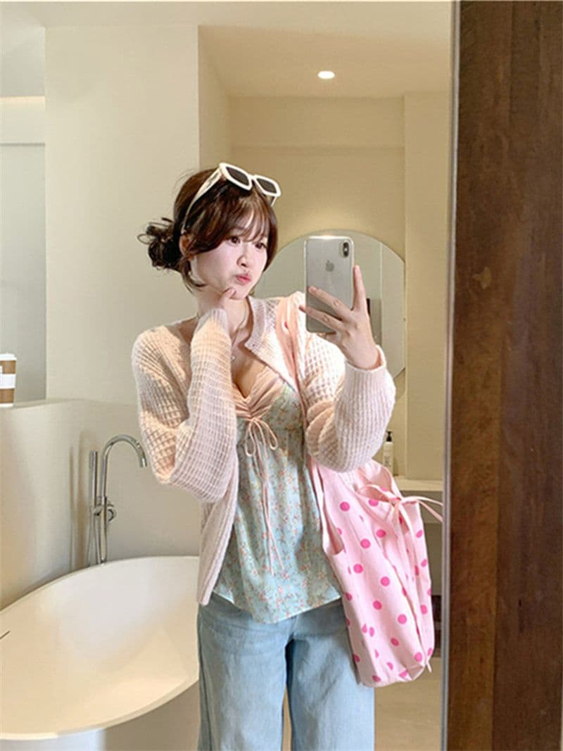 원본 품질 한국 스타일 V넥 페이크 레이어드 한 부서 느긋한 캐미솔 달콤한 스타일 꽃무늬 작은 맨위 상세 이미지 8