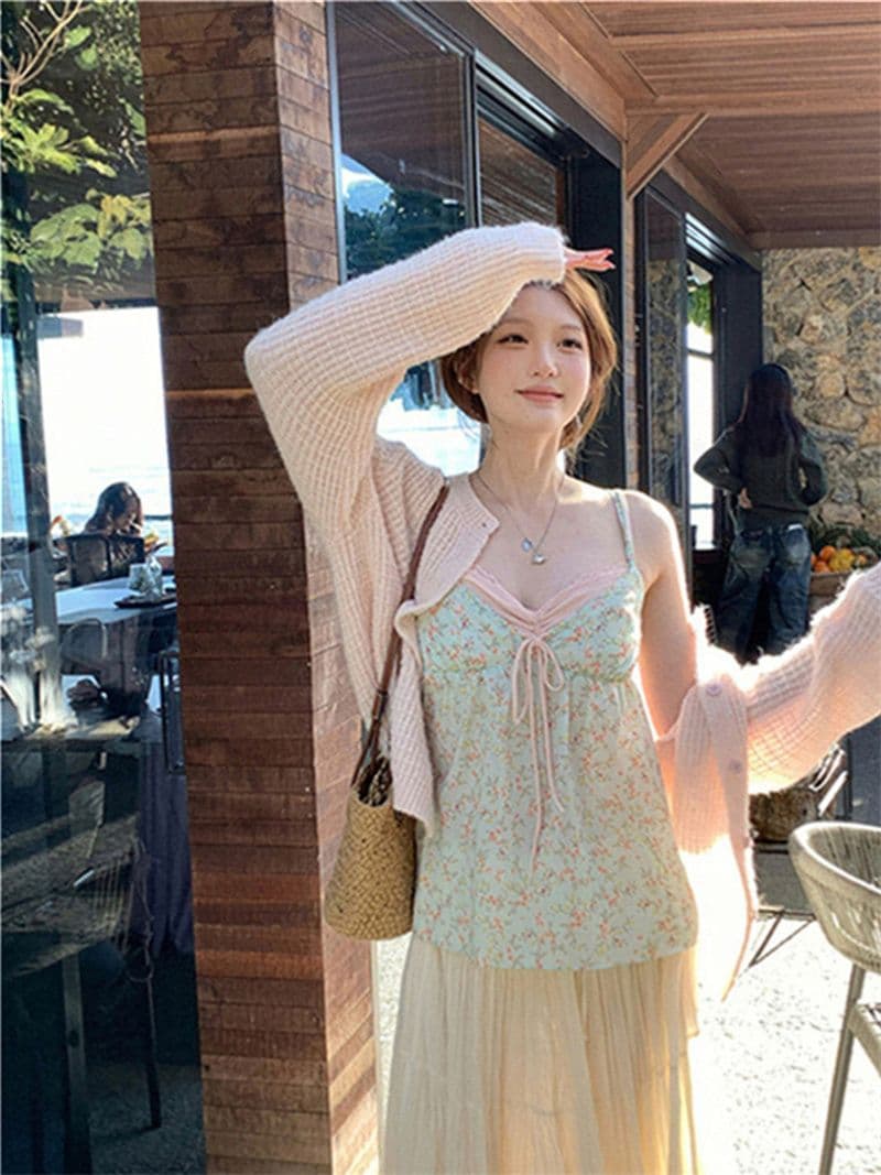 원본 품질 한국 스타일 V넥 페이크 레이어드 한 부서 느긋한 캐미솔 달콤한 스타일 꽃무늬 작은 맨위 상세 이미지 10