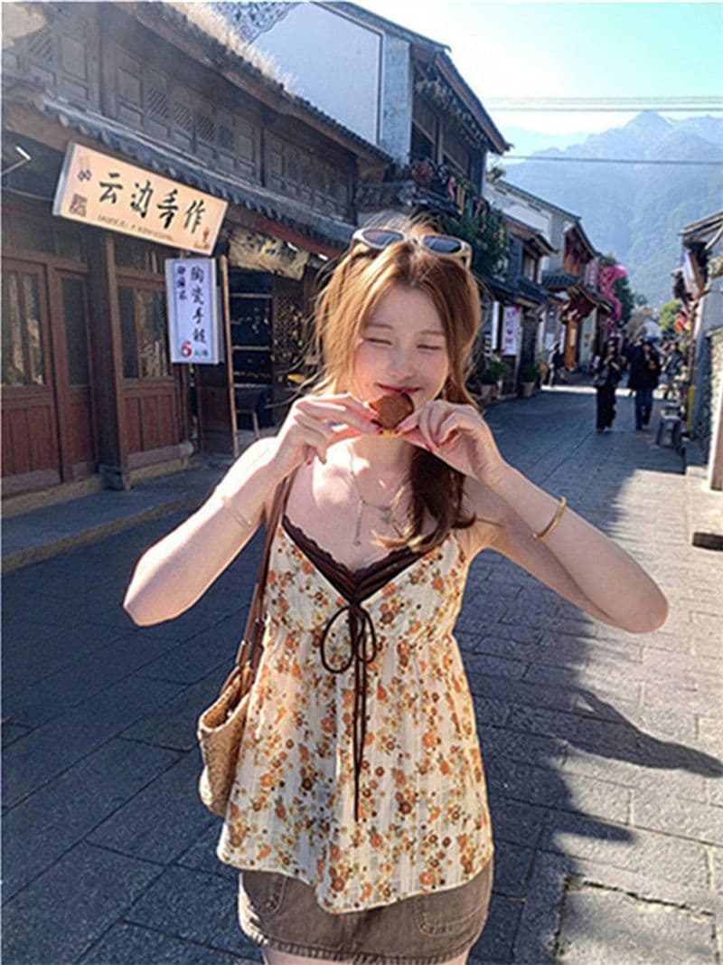 원본 품질 한국 스타일 V넥 페이크 레이어드 한 부서 느긋한 캐미솔 달콤한 스타일 꽃무늬 작은 맨위 상세 이미지 19