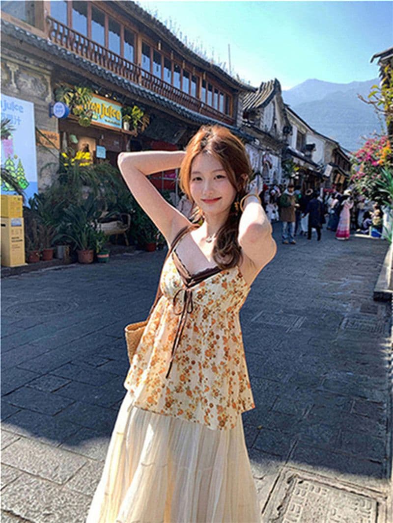 원본 품질 한국 스타일 V넥 페이크 레이어드 한 부서 느긋한 캐미솔 달콤한 스타일 꽃무늬 작은 맨위 상세 이미지 20