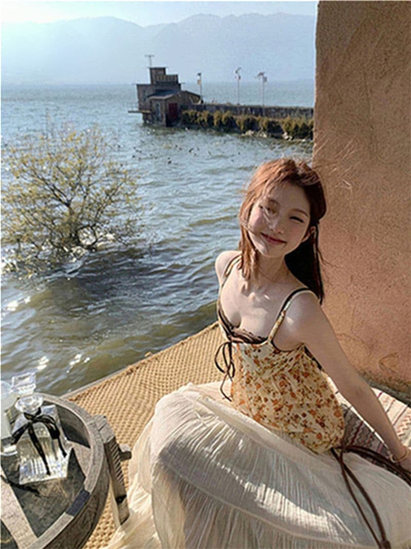 원본 품질 한국 스타일 V넥 페이크 레이어드 한 부서 느긋한 캐미솔 달콤한 스타일 꽃무늬 작은 맨위 상세 이미지 25