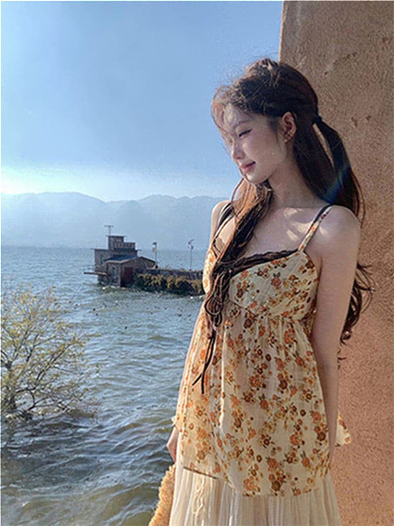 원본 품질 한국 스타일 V넥 페이크 레이어드 한 부서 느긋한 캐미솔 달콤한 스타일 꽃무늬 작은 맨위 상세 이미지 26
