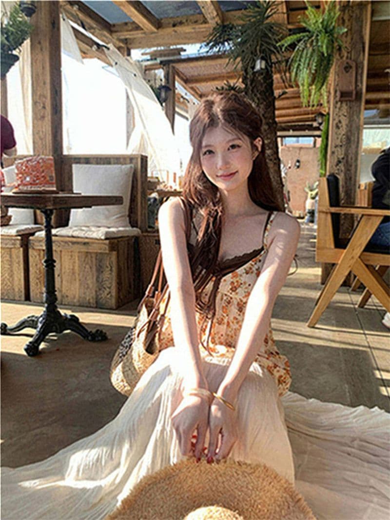 원본 품질 한국 스타일 V넥 페이크 레이어드 한 부서 느긋한 캐미솔 달콤한 스타일 꽃무늬 작은 맨위 상세 이미지 28