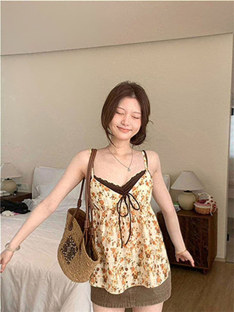 원본 품질 한국 스타일 V넥 페이크 레이어드 한 부서 느긋한 캐미솔 달콤한 스타일 꽃무늬 작은 맨위 상세 이미지 31