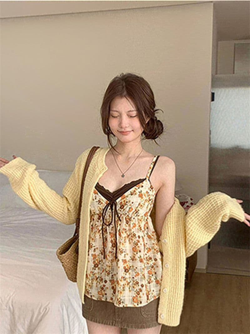 원본 품질 한국 스타일 V넥 페이크 레이어드 한 부서 느긋한 캐미솔 달콤한 스타일 꽃무늬 작은 맨위 상세 이미지 32