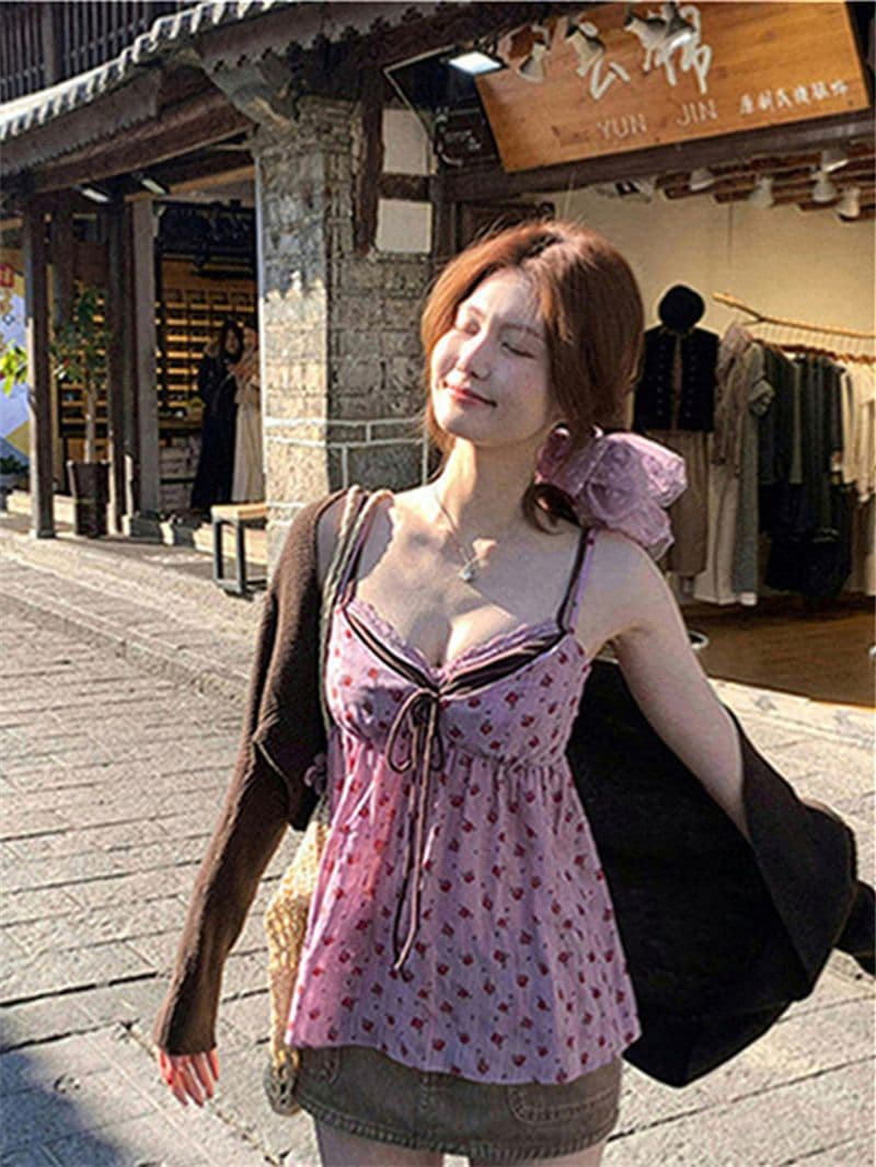 원본 품질 한국 스타일 V넥 페이크 레이어드 한 부서 느긋한 캐미솔 달콤한 스타일 꽃무늬 작은 맨위 상세 이미지 33