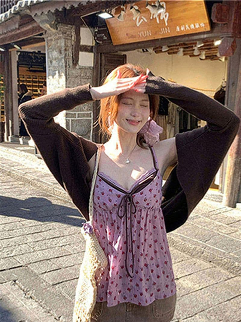 원본 품질 한국 스타일 V넥 페이크 레이어드 한 부서 느긋한 캐미솔 달콤한 스타일 꽃무늬 작은 맨위 상세 이미지 34