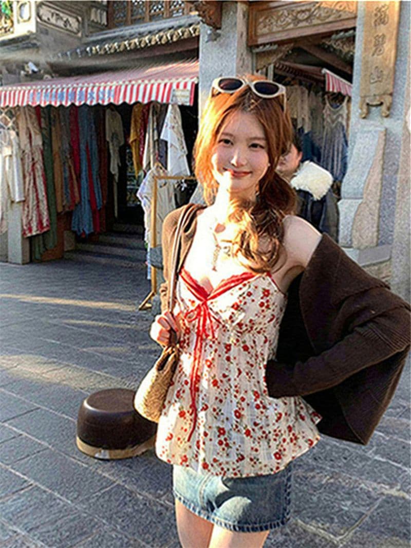 원본 품질 한국 스타일 V넥 페이크 레이어드 한 부서 느긋한 캐미솔 달콤한 스타일 꽃무늬 작은 맨위 상세 이미지 40