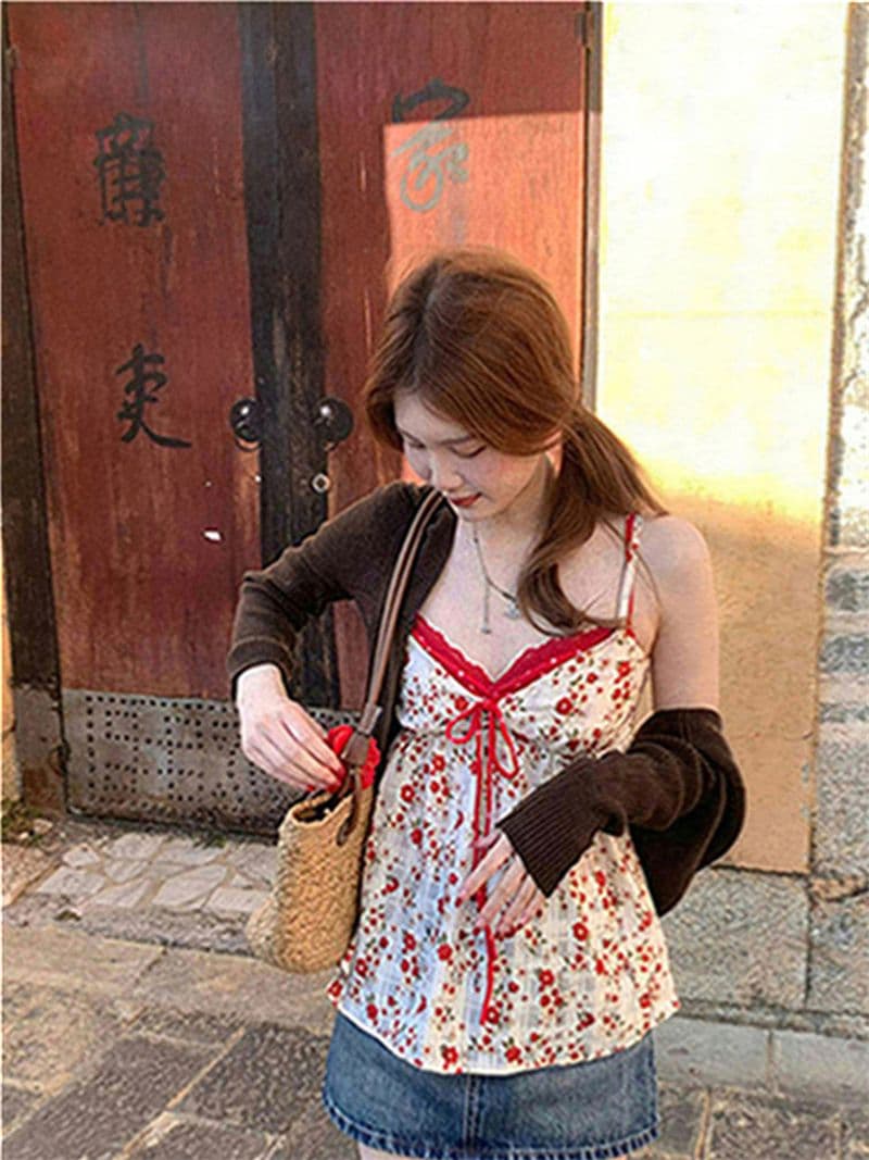 원본 품질 한국 스타일 V넥 페이크 레이어드 한 부서 느긋한 캐미솔 달콤한 스타일 꽃무늬 작은 맨위 상세 이미지 42