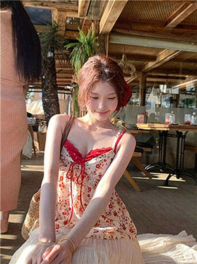 원본 품질 한국 스타일 V넥 페이크 레이어드 한 부서 느긋한 캐미솔 달콤한 스타일 꽃무늬 작은 맨위 상세 이미지 44