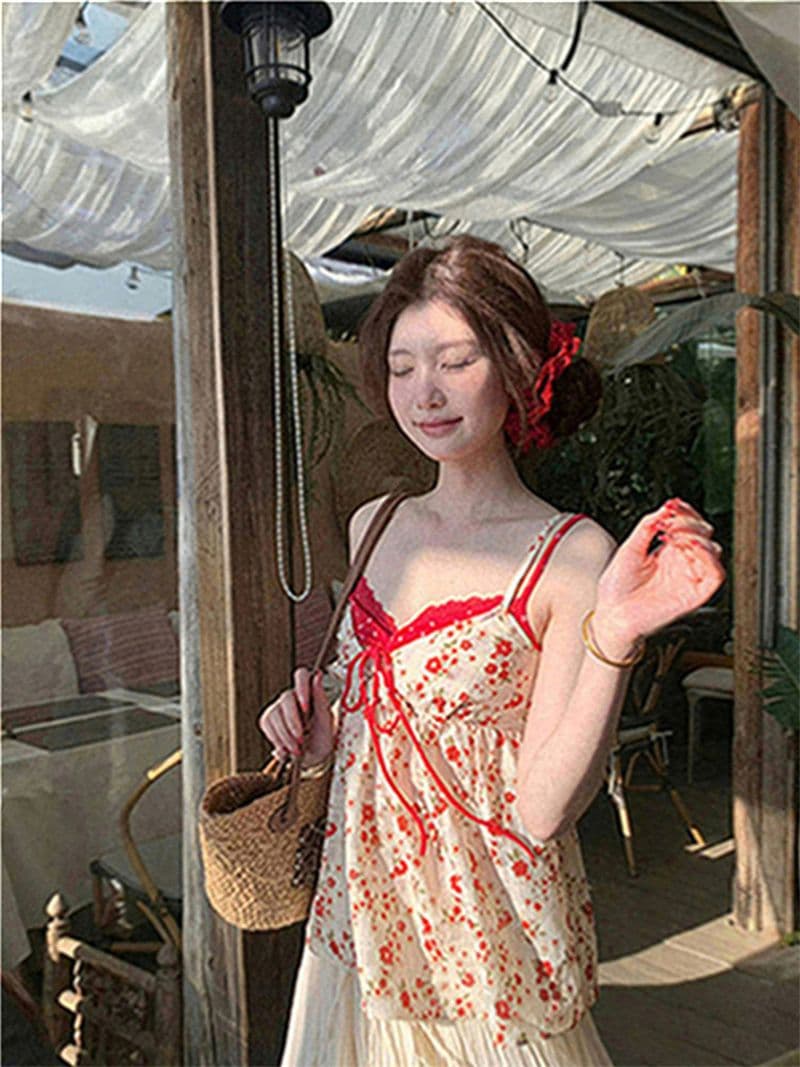 원본 품질 한국 스타일 V넥 페이크 레이어드 한 부서 느긋한 캐미솔 달콤한 스타일 꽃무늬 작은 맨위 상세 이미지 45