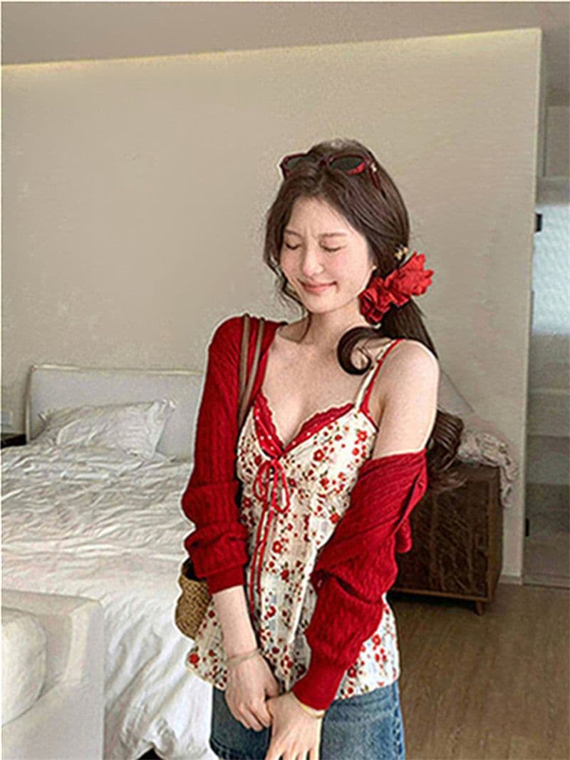 원본 품질 한국 스타일 V넥 페이크 레이어드 한 부서 느긋한 캐미솔 달콤한 스타일 꽃무늬 작은 맨위 상세 이미지 49