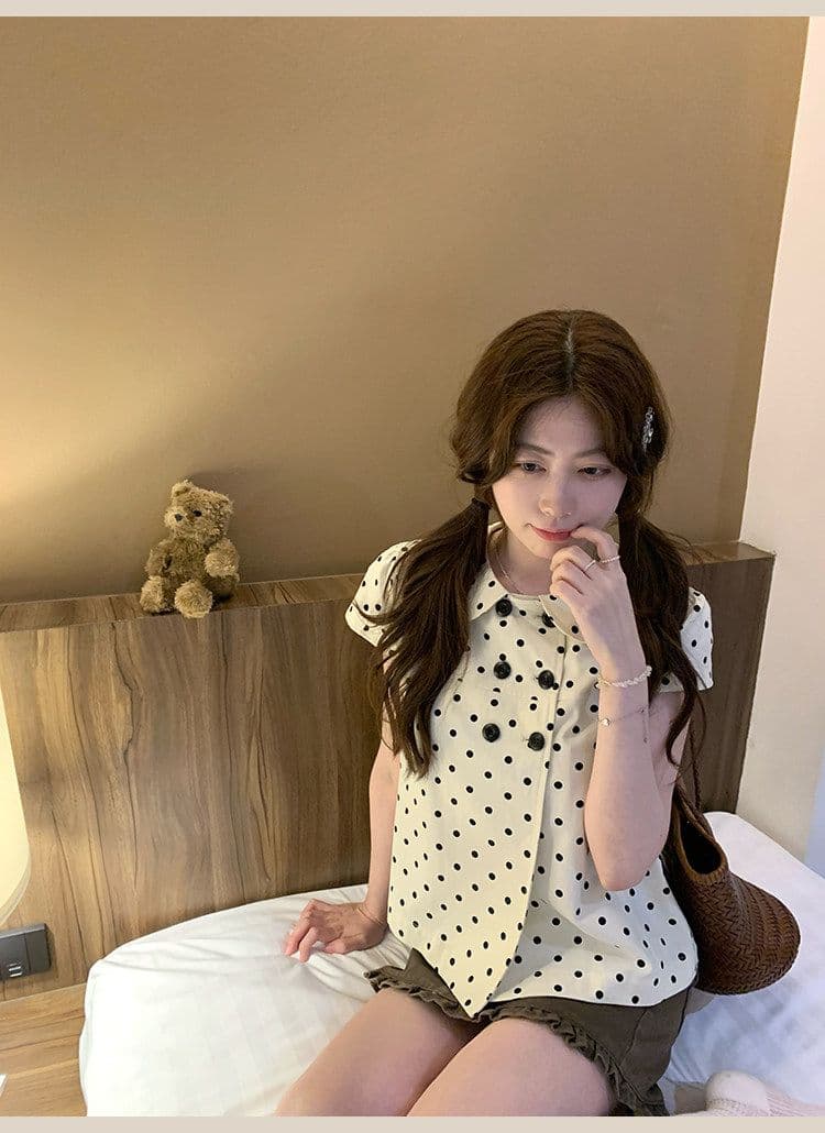 디자인 센스 도트 무늬 베이비 칼라 반팔 여성 셔츠 여름 작은 키 이중 버튼 디자인 센스 맨위 다용도 상세 이미지 12
