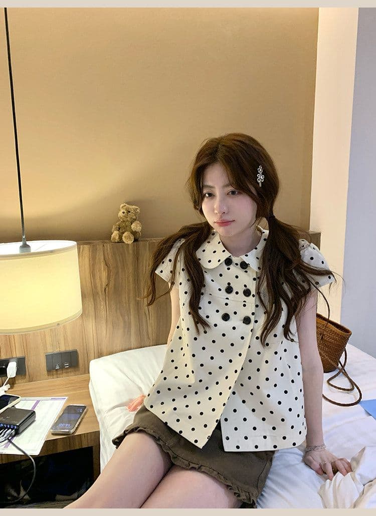 디자인 센스 도트 무늬 베이비 칼라 반팔 여성 셔츠 여름 작은 키 이중 버튼 디자인 센스 맨위 다용도 상세 이미지 13