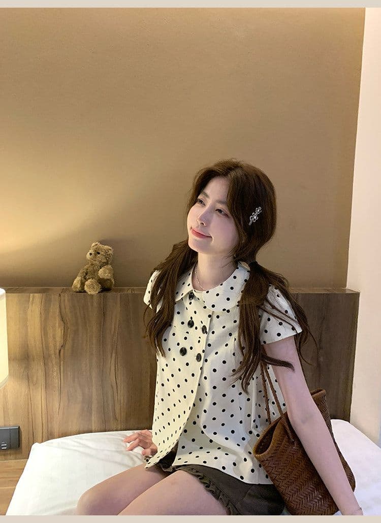 디자인 센스 도트 무늬 베이비 칼라 반팔 여성 셔츠 여름 작은 키 이중 버튼 디자인 센스 맨위 다용도 상세 이미지 15