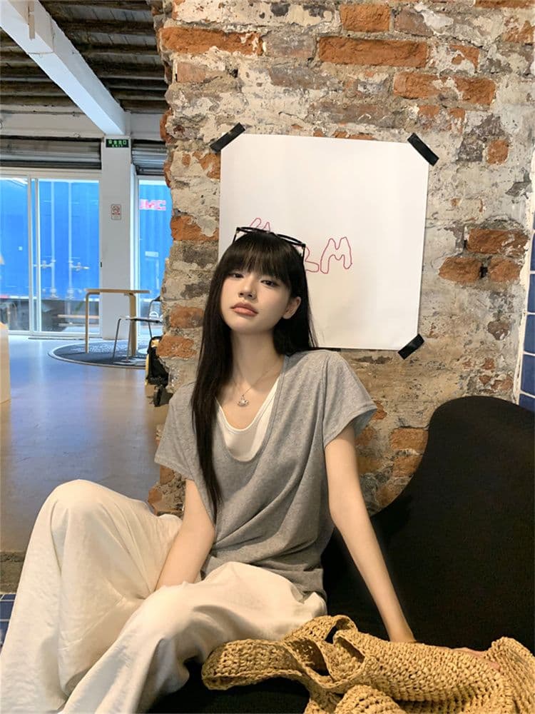 1 1 모달 한 부서 디자인 센스 페이크 레이어드 배색 패치워크 V넥 반팔 티셔츠 여성 Z아 어깨 루즈핏 맨위 이미지 2