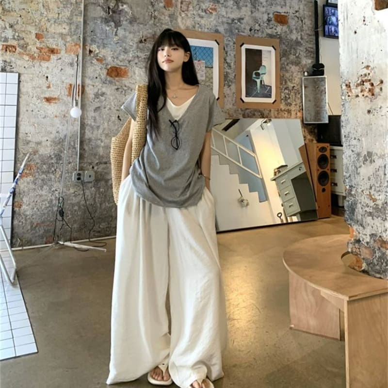 1 1 모달 한 부서 디자인 센스 페이크 레이어드 배색 패치워크 V넥 반팔 티셔츠 여성 Z아 어깨 루즈핏 맨위 이미지 5