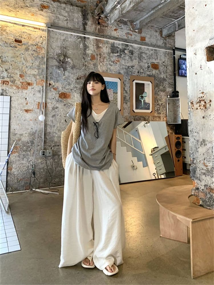 1 1 모달 한 부서 디자인 센스 페이크 레이어드 배색 패치워크 V넥 반팔 티셔츠 여성 Z아 어깨 루즈핏 맨위 상세 이미지 1