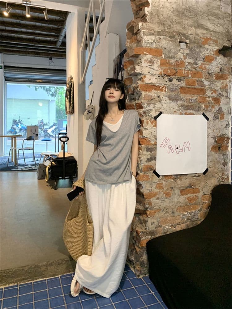 1 1 모달 한 부서 디자인 센스 페이크 레이어드 배색 패치워크 V넥 반팔 티셔츠 여성 Z아 어깨 루즈핏 맨위 상세 이미지 5