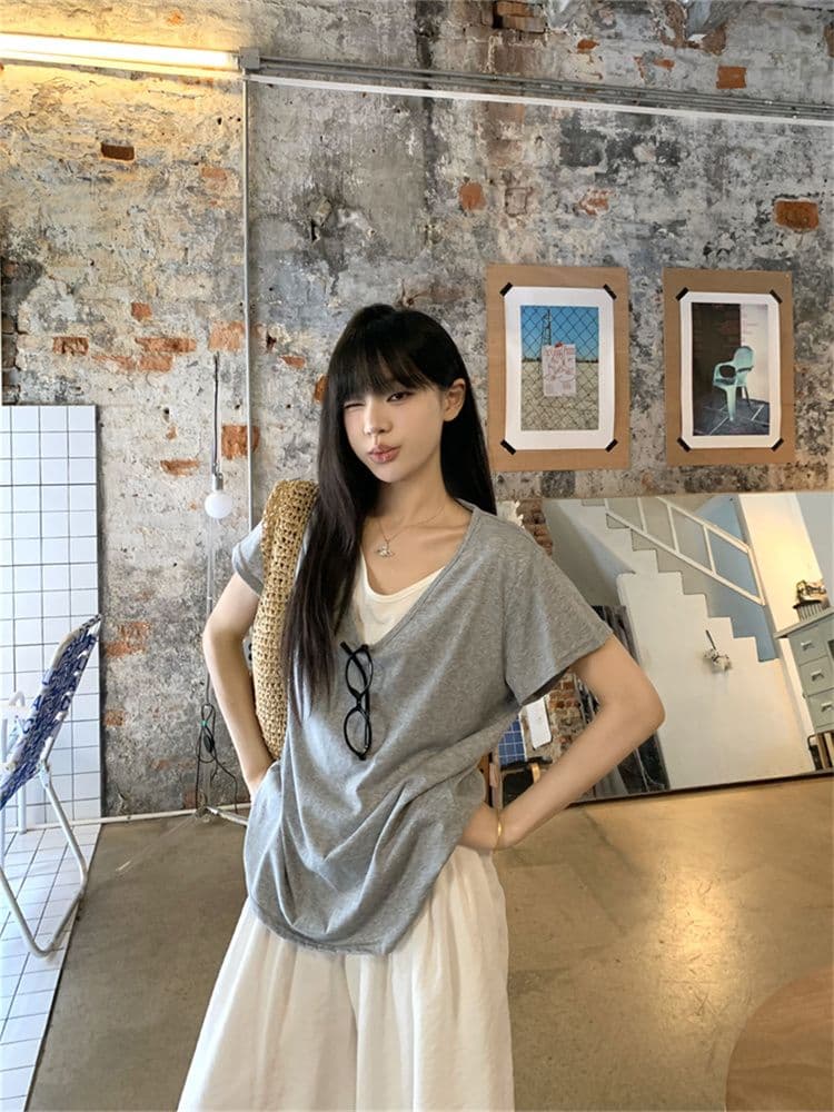 1 1 모달 한 부서 디자인 센스 페이크 레이어드 배색 패치워크 V넥 반팔 티셔츠 여성 Z아 어깨 루즈핏 맨위 상세 이미지 6
