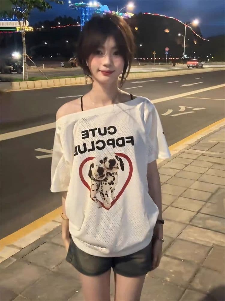 원본 원단 하트 강아지 핫걸 비스듬한 어깨 반팔 티셔츠 여성 여름 오프숄더 메쉬 패치워크 맨위 저지 상세 이미지 2
