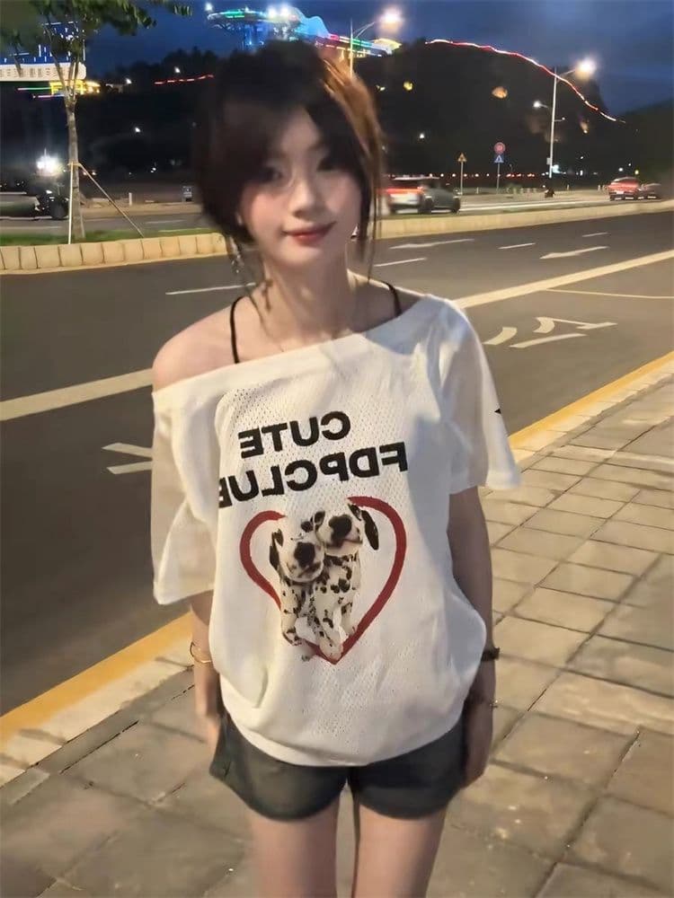 원본 원단 하트 강아지 핫걸 비스듬한 어깨 반팔 티셔츠 여성 여름 오프숄더 메쉬 패치워크 맨위 저지 상세 이미지 5