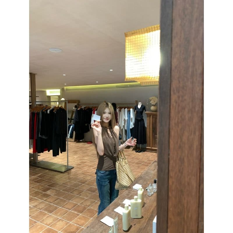 휴가 바람 캐미솔 여름 커피 색상 외출용 백리스 행침 목 민소매 맨위 이미지 4