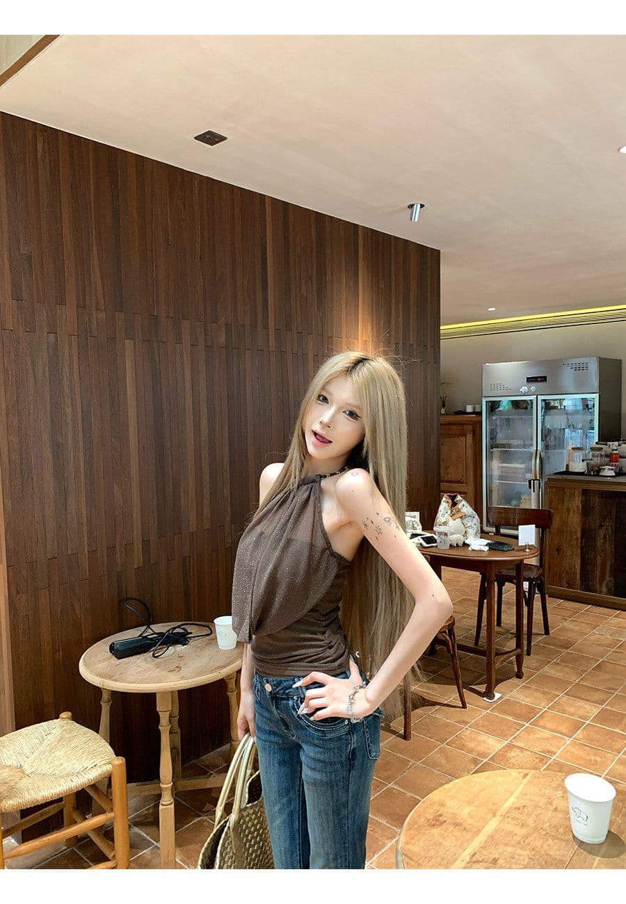 휴가 바람 캐미솔 여름 커피 색상 외출용 백리스 행침 목 민소매 맨위 상세 이미지 3