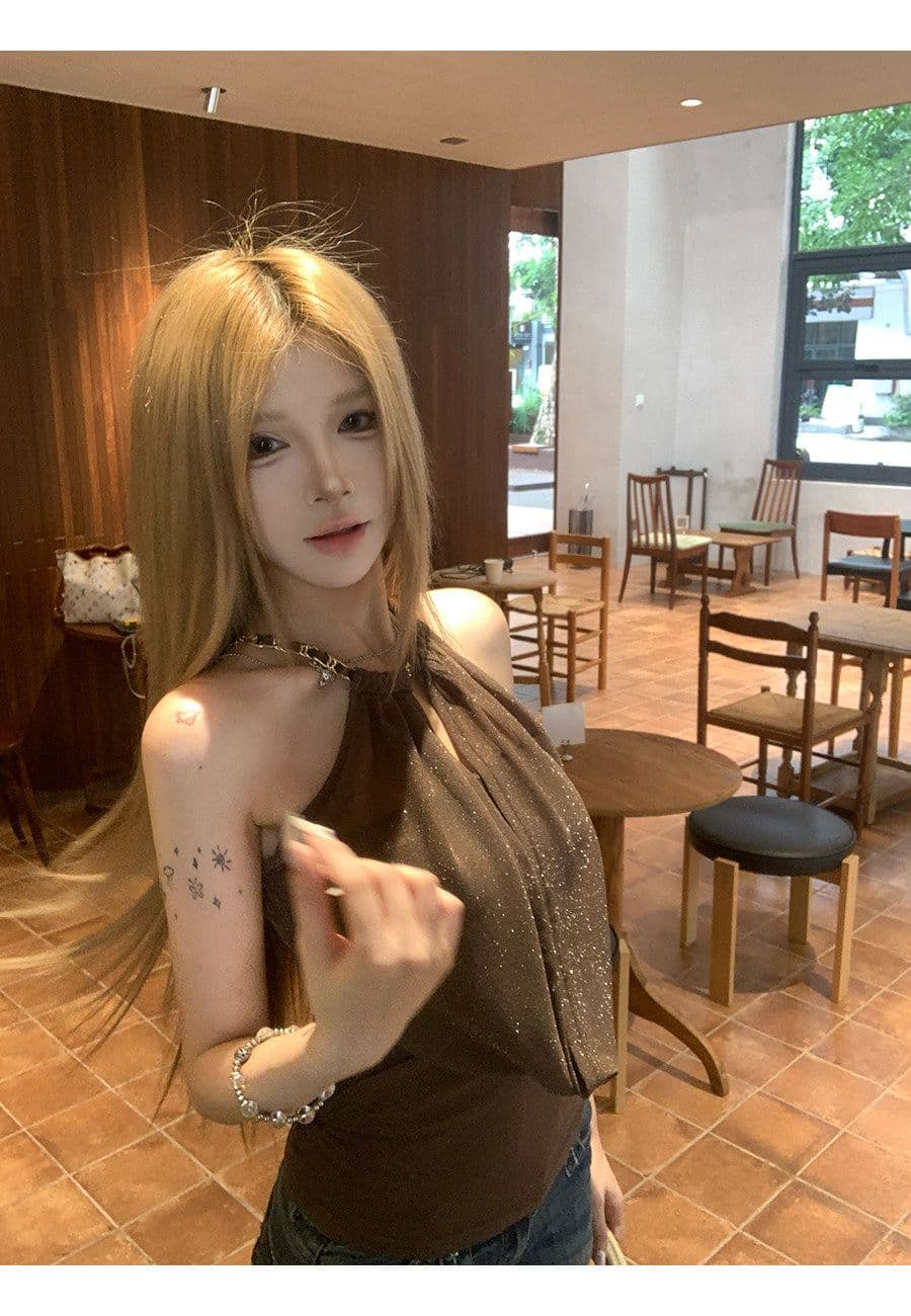 휴가 바람 캐미솔 여름 커피 색상 외출용 백리스 행침 목 민소매 맨위 상세 이미지 13