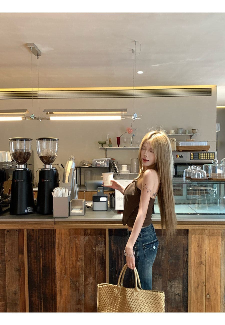 휴가 바람 캐미솔 여름 커피 색상 외출용 백리스 행침 목 민소매 맨위 상세 이미지 15