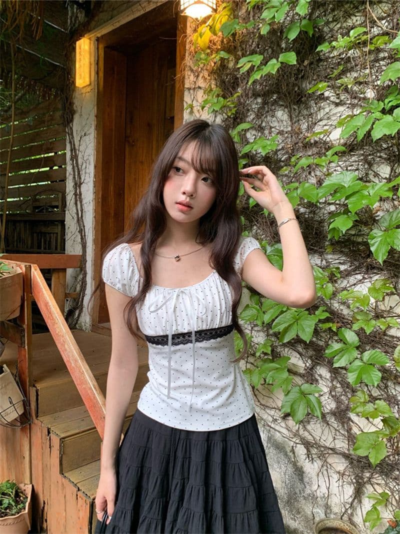 검정색 도트 무늬 나비 매듭 광장 칼라 긍정적 인 어깨 반팔 티셔츠 여성 여름 패치워크 레이스 그레이트 봐 의류 상세 이미지 6