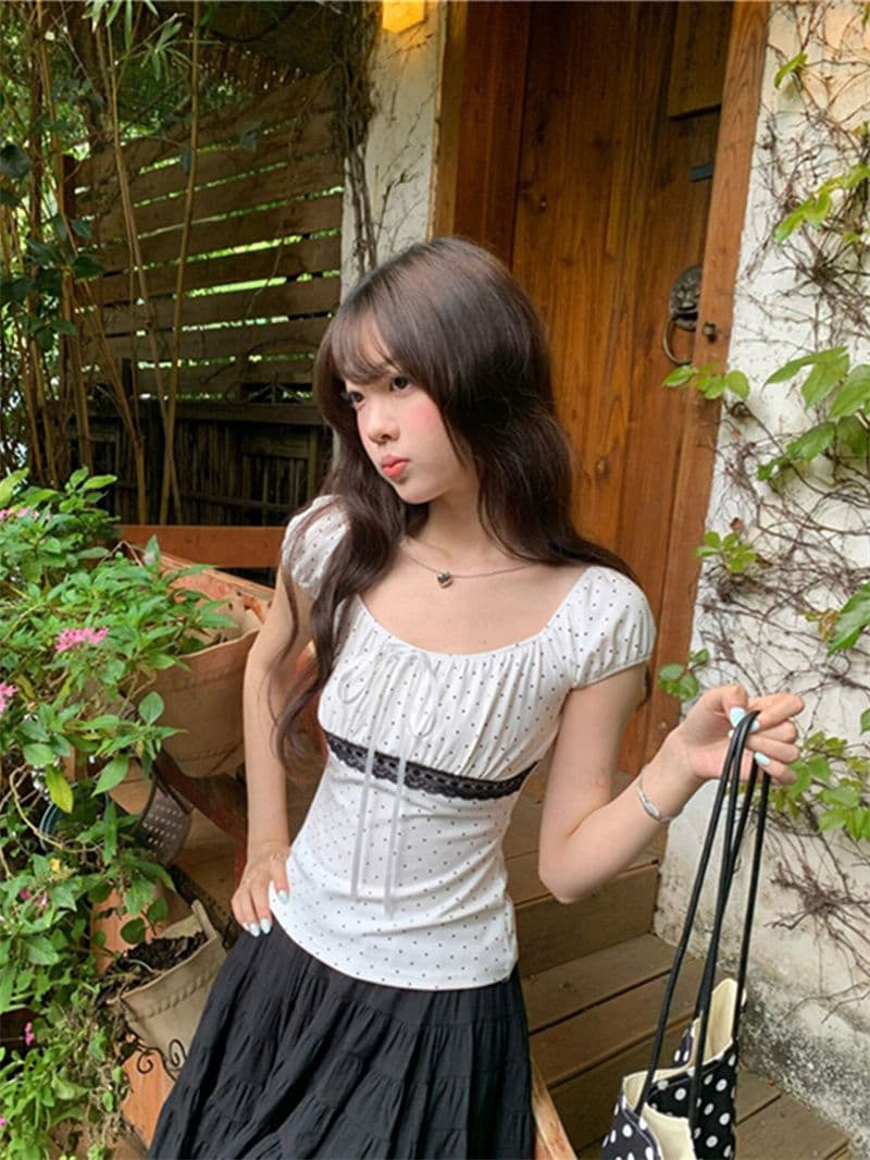 검정색 도트 무늬 나비 매듭 광장 칼라 긍정적 인 어깨 반팔 티셔츠 여성 여름 패치워크 레이스 그레이트 봐 의류 상세 이미지 9
