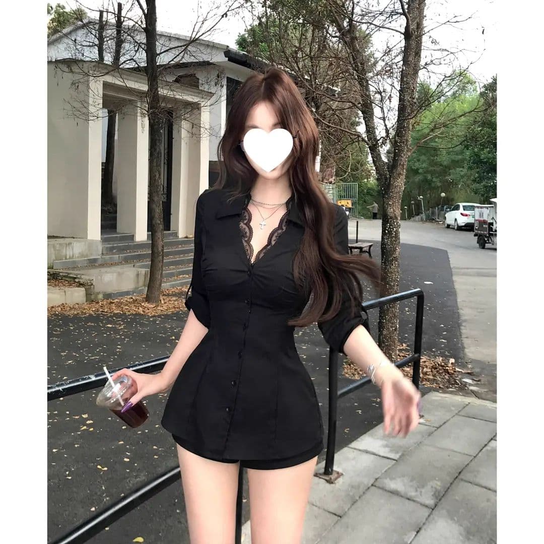 거룩한 화이트 드레스 순수한 욕망 핫걸 레이스 측면 패치워크 여성 셔츠 몸매 가꾸기 품격 고급 센스 맨위 셔츠 상세 이미지 5