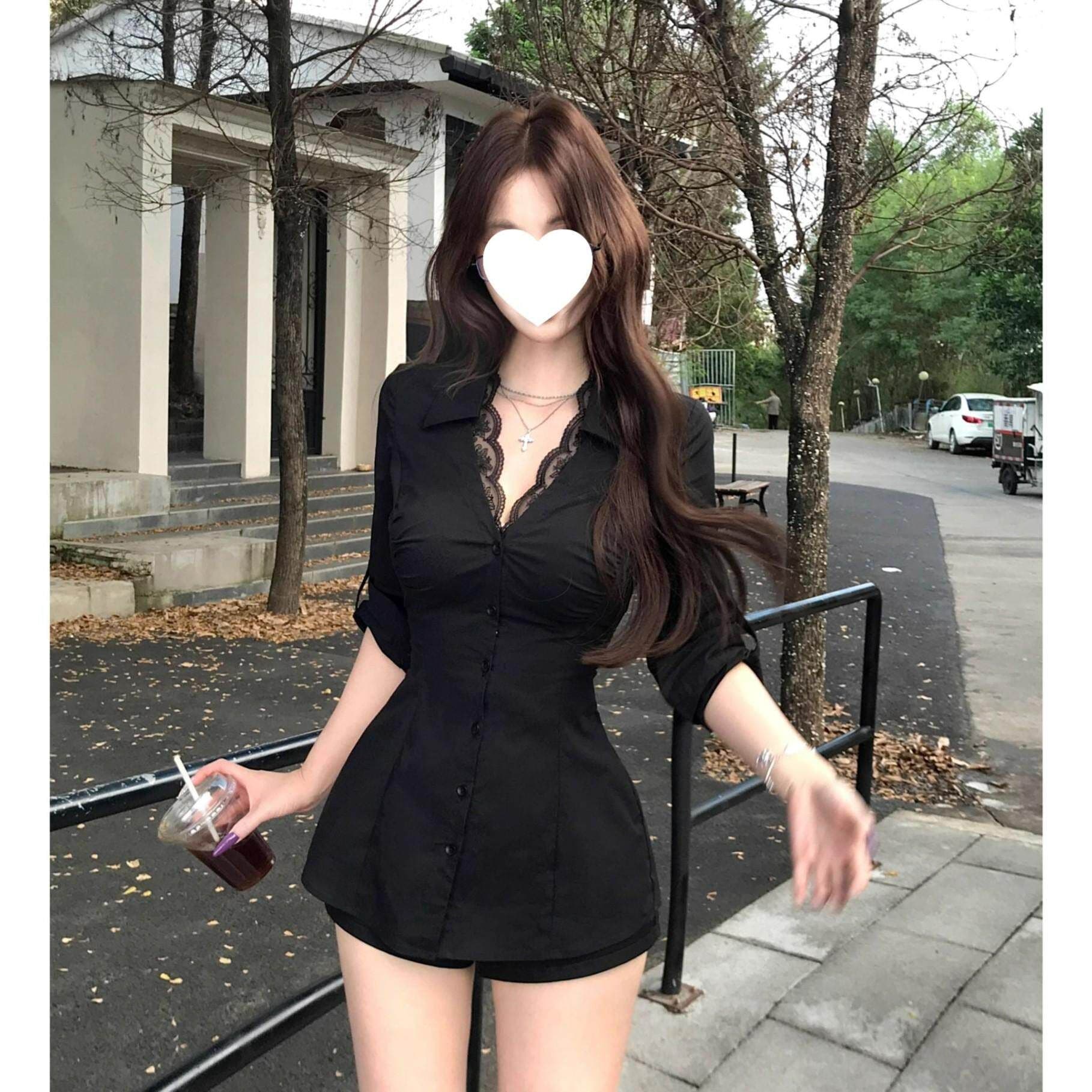 거룩한 화이트 드레스 순수한 욕망 핫걸 레이스 측면 패치워크 여성 셔츠 몸매 가꾸기 품격 고급 센스 맨위 셔츠 상세 이미지 9