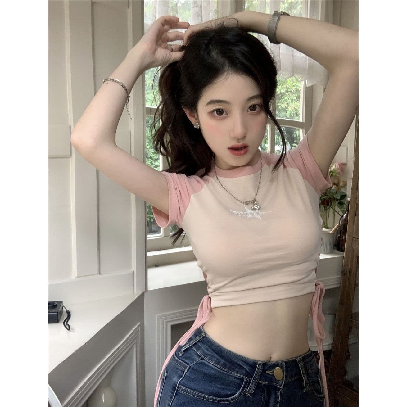 순수한 욕망 바람 핫걸 스트랩 반팔 티셔츠 여름 몸매 가꾸기 슬림해 보이는 섹시함 이슬 뼈의 쇼트 스타일 맨위 이미지 4