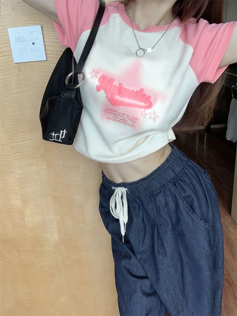 달콤한 핫걸 알파벳 긍정적 인 어깨 티셔츠 여성 여름 새로운 몸매 가꾸기 쇼트 스타일 이슬 뼈의 슬림해 보이는 반팔 맨위 상세 이미지 13