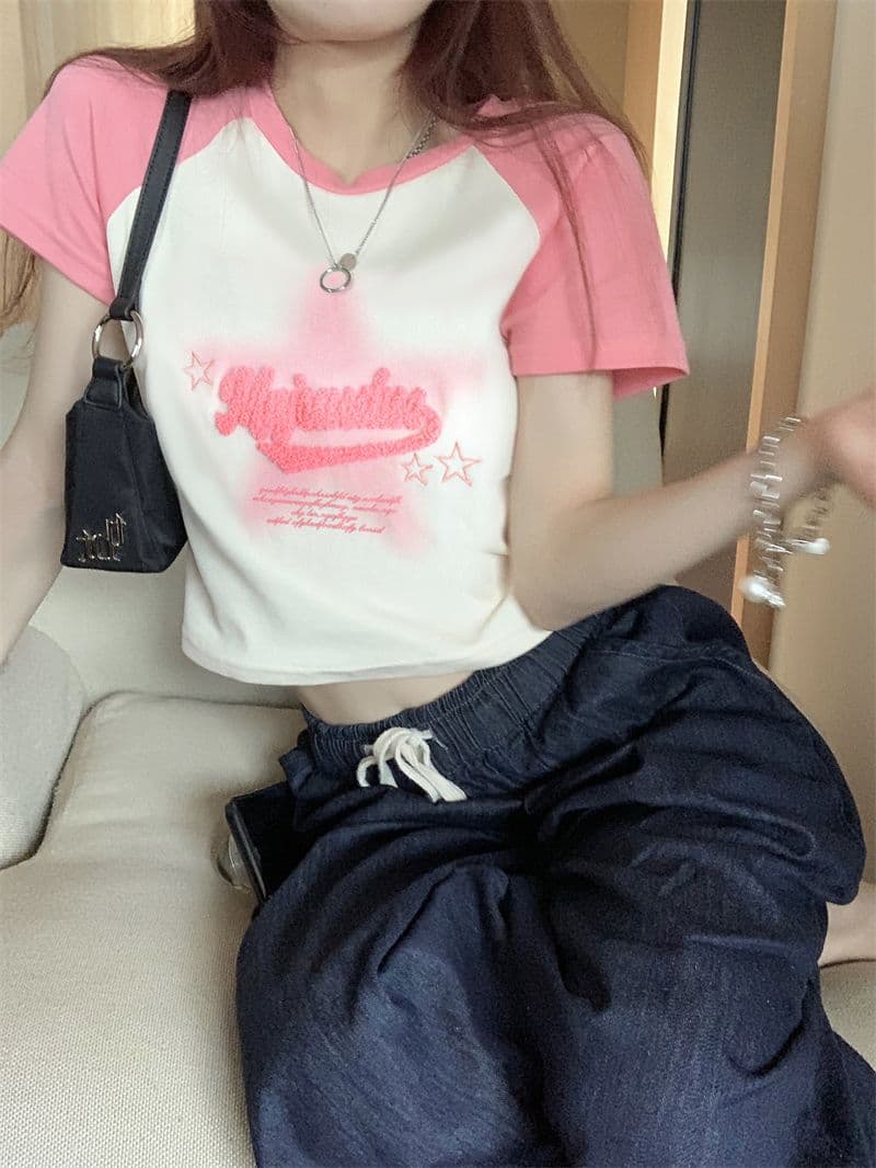 달콤한 핫걸 알파벳 긍정적 인 어깨 티셔츠 여성 여름 새로운 몸매 가꾸기 쇼트 스타일 이슬 뼈의 슬림해 보이는 반팔 맨위 상세 이미지 21