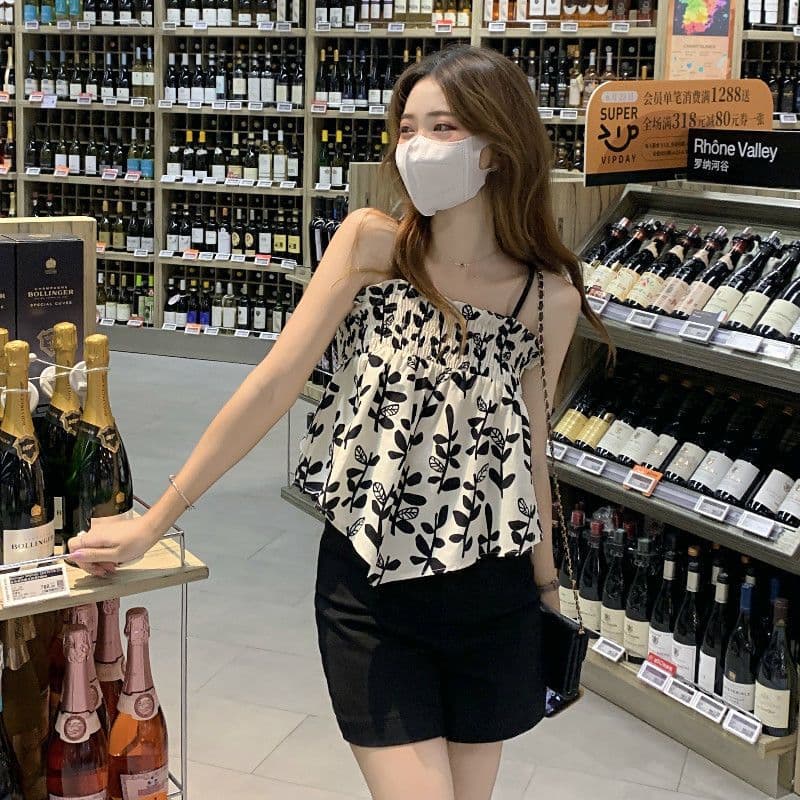 조기 여름 후지코 레트로 쌀 바닥 나뭇잎 꽃 캐미솔 여성 신선함 달콤한 스타일 프린트 캐미솔 맨위 상세 이미지 10